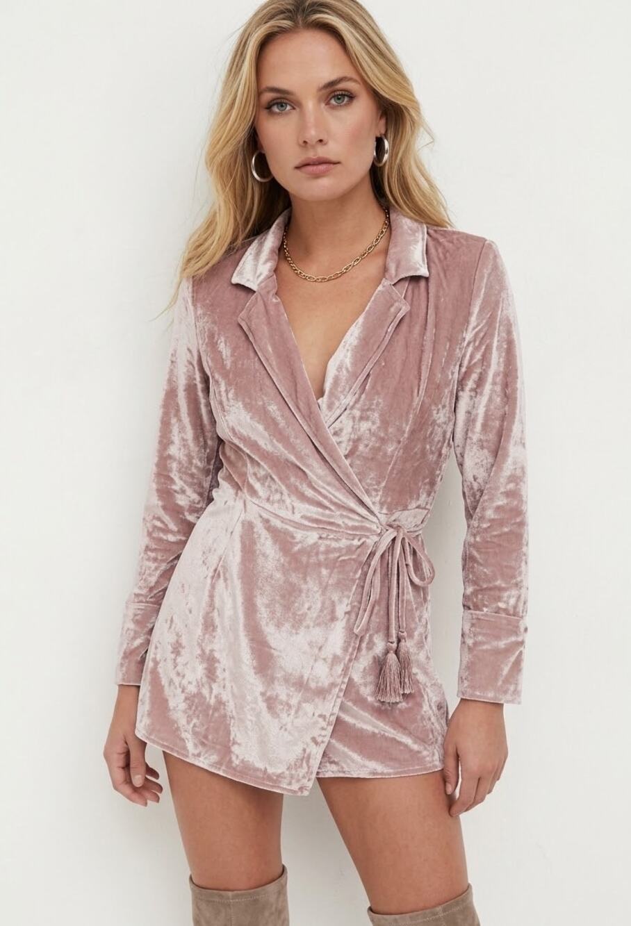 Free People Mauve Crushed Velvet Wrap Mini Dress Romper Tassel Cuffs Medium